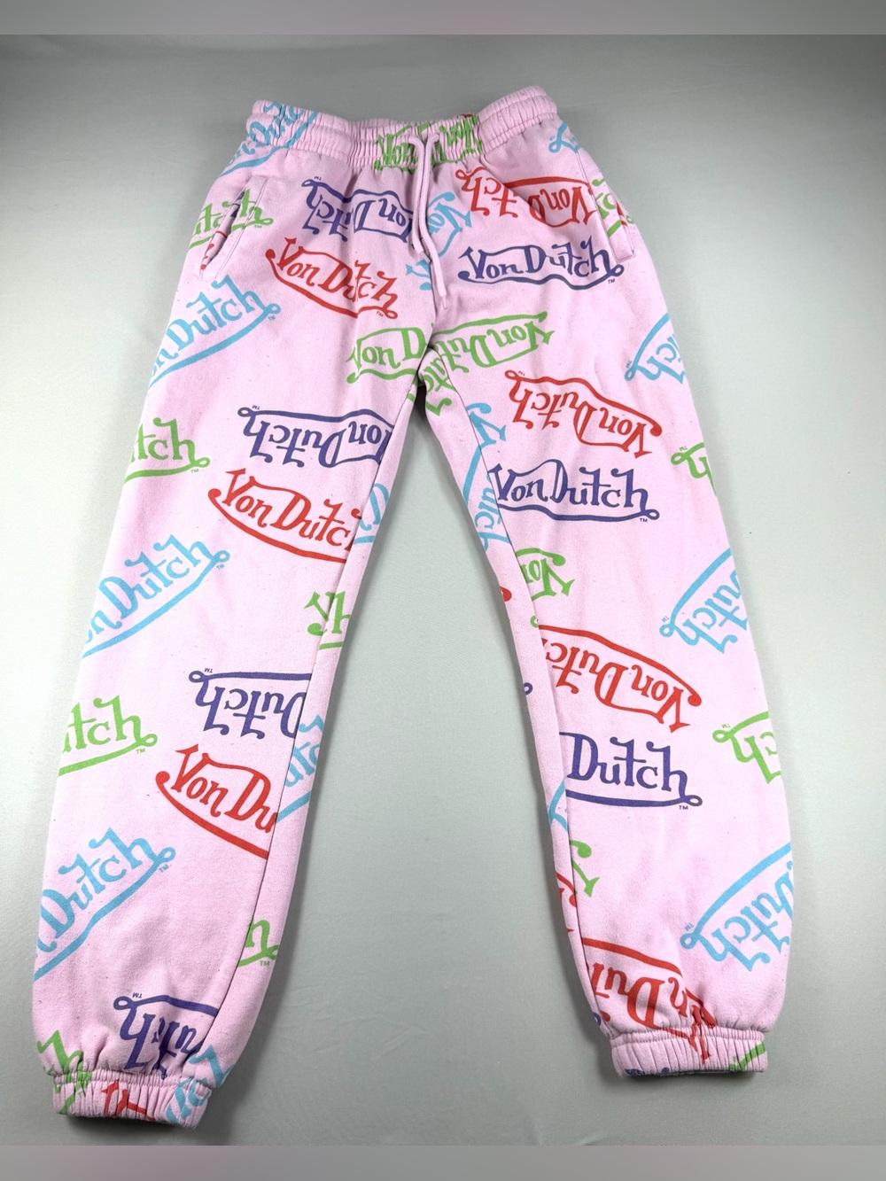 Von Dutch Pink Logo Sweatpants Small Y2K All Over Print Baggy Joggers
